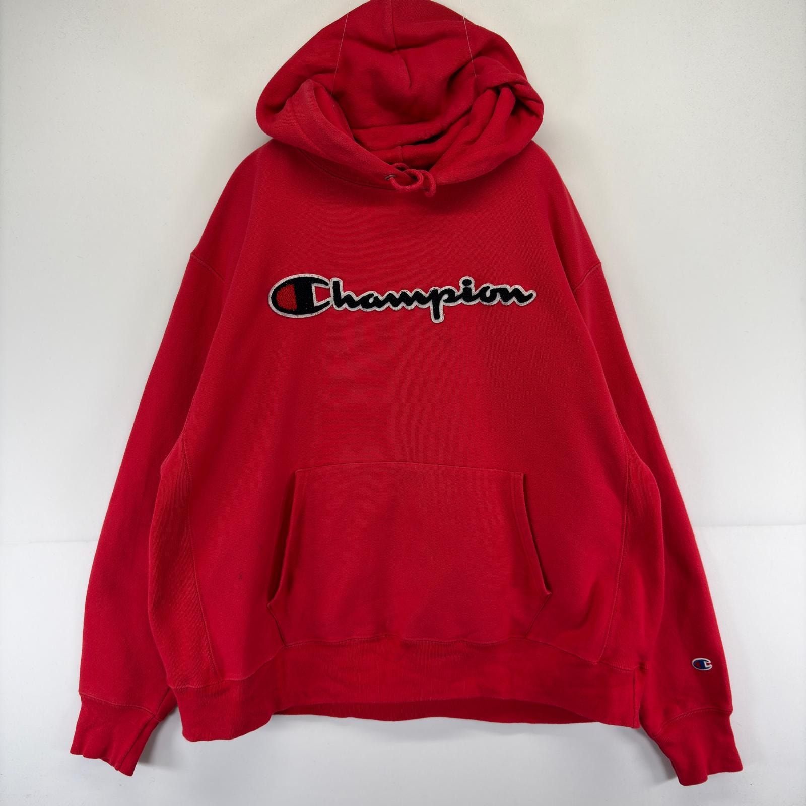 古着 チャンピオン Champion パーカー プルオーバー 刺繍 リバースウィーブ 厚手 大きいサイズ スウェット XL レッド メンズ