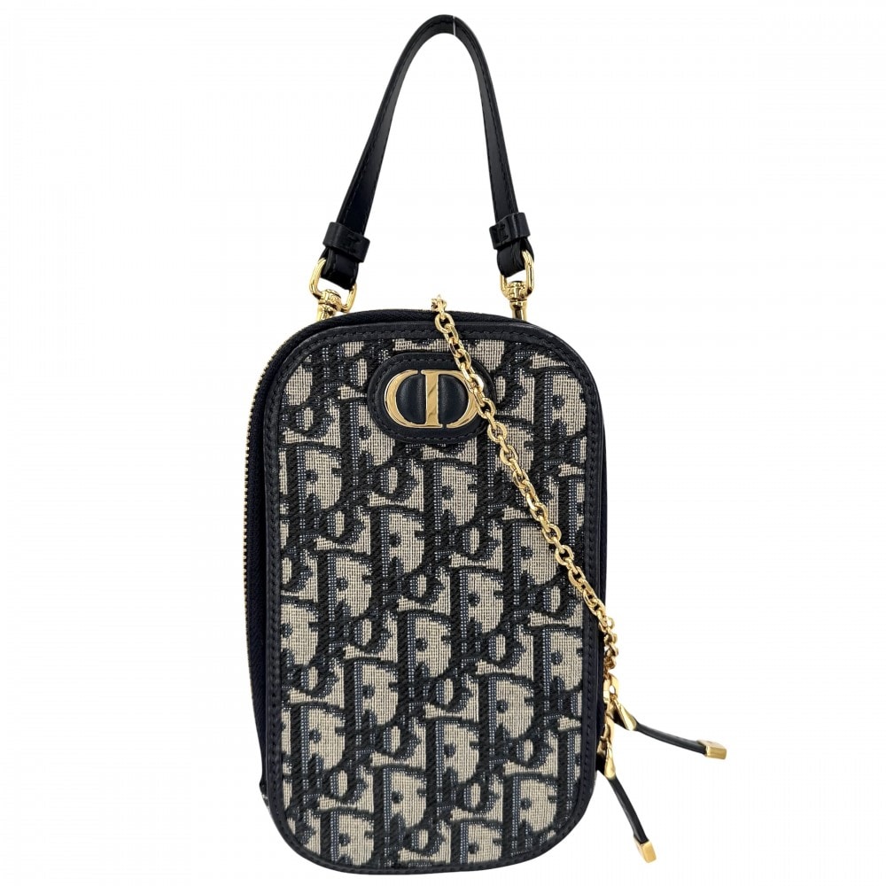 Christian Dior クリスチャンディオール ショルダーバッグ オブリーク 30モンテーニュ フォンポーチ 斜め掛け キャンバス レザー ネイビー 紺 ベージュ ゴールド金具 レディース【中古品】