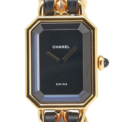 シャネル プルミエール M 腕時計 クオーツ ブラック文字盤 メッキ レザー レディース CHANEL 中古