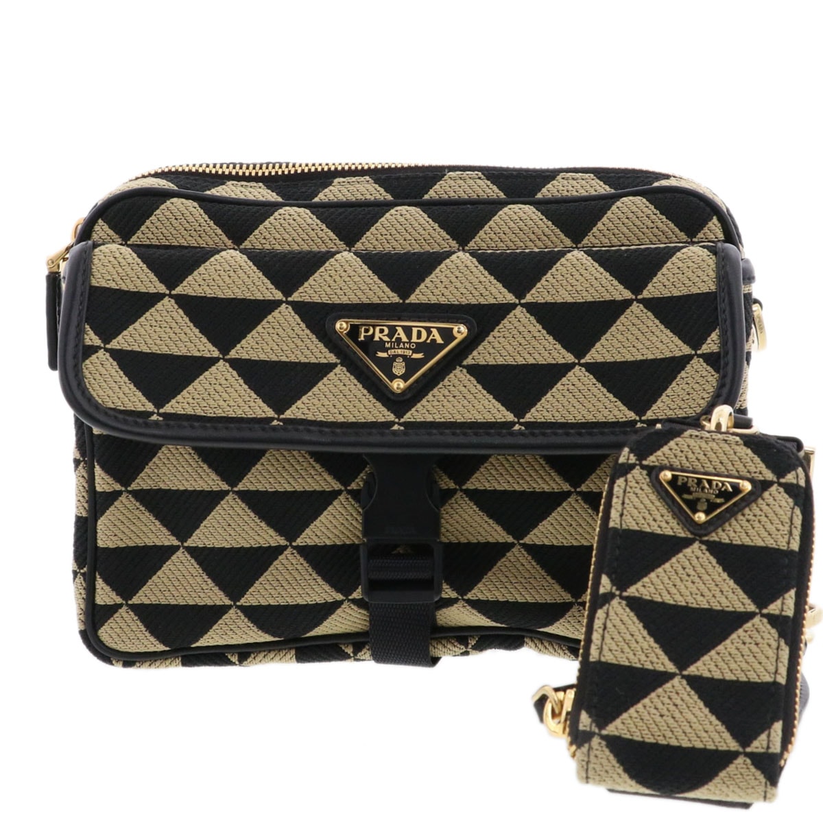 PRADA プラダ シンボル エンブロイダリー ファブリック バッグ ショルダーバッグ 2VH133 キャンバス ベージュ ブラック  レディース【中古】