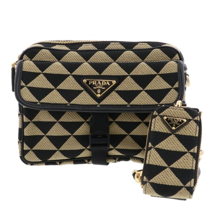 PRADA プラダ シンボル エンブロイダリー ファブリック バッグ ショルダーバッグ 2VH133 キャンバス ベージュ ブラック レディース【中古】