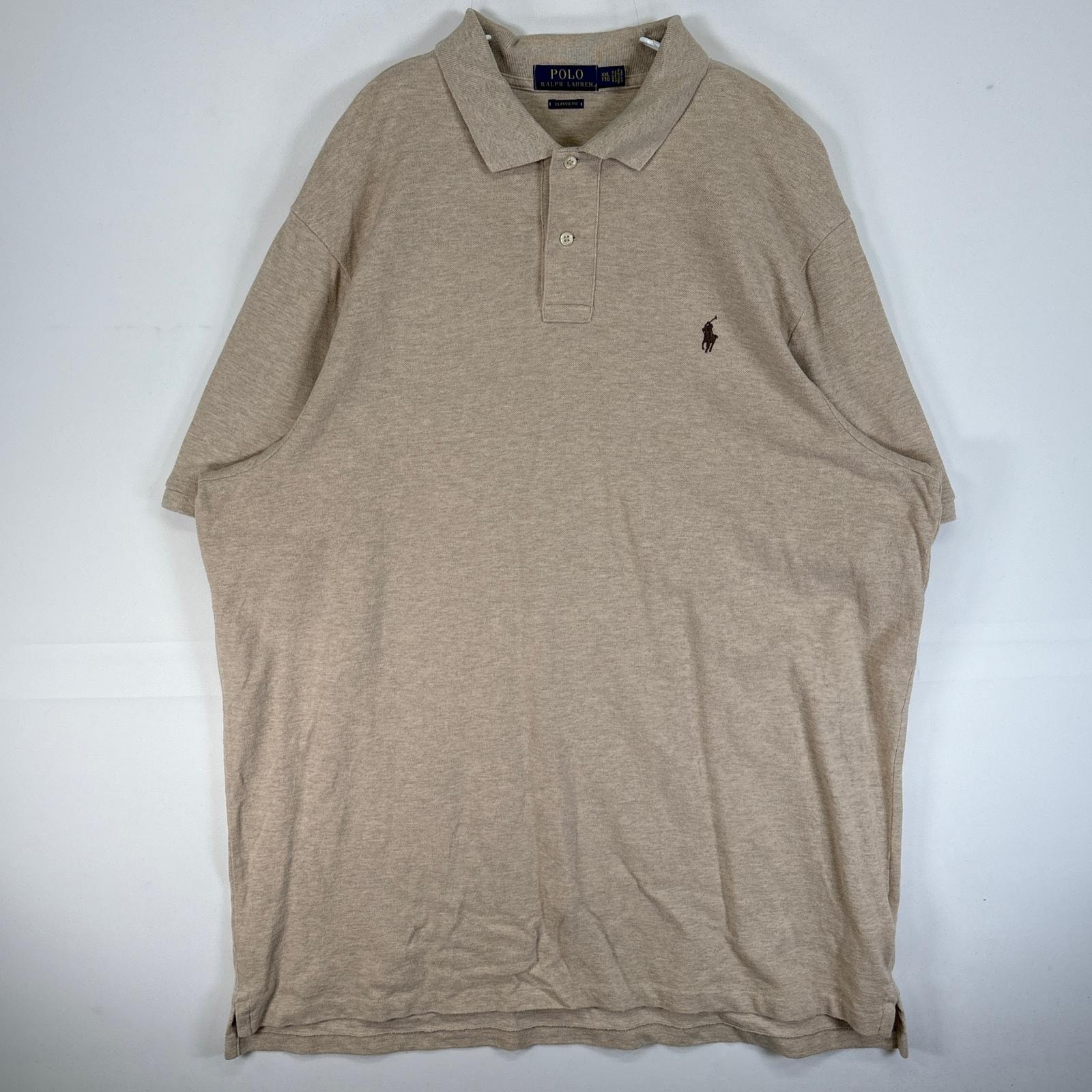 古着 ポロ・ラルフローレン POLO RALPH LAUREN 鹿の子 半袖 ポロシャツ ロゴ 刺繍 大きいサイズ 2ボタン 14041  ベージュ系 無地 メンズ