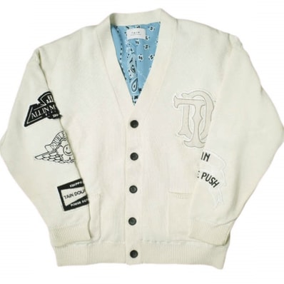 TAIN DOUBLE PUSH x ROYAL FLASH タインダブルプッシュ ロイヤルフラッシュ 22AW 別注 カーディガン T223-KN15 XL ホワイト Vネック ニット ワッペン スタジャン トップス g16093