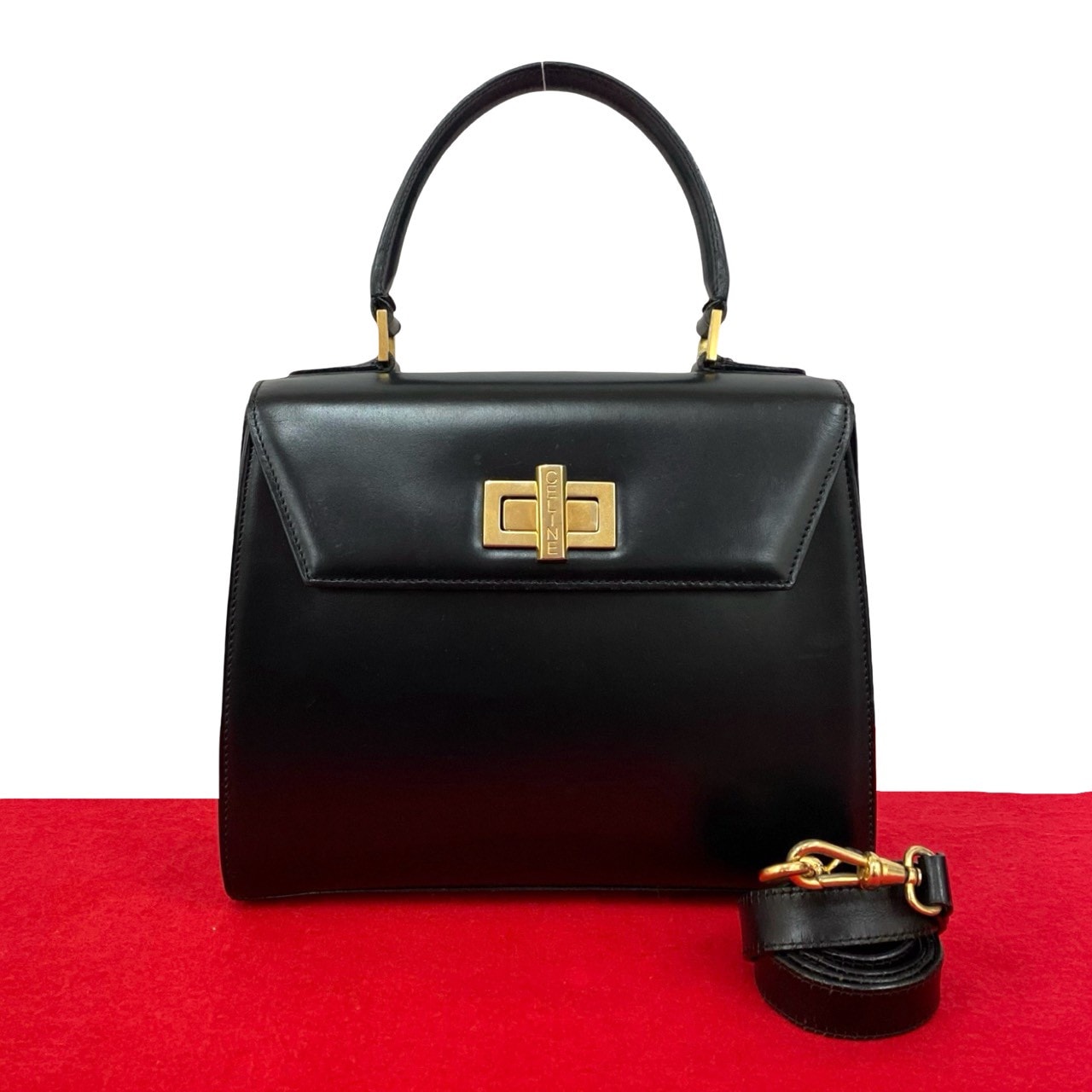 CELINE セリーヌ ロゴ ターンロック カーフ レザー ショルダーバッグ ブラック
 17100