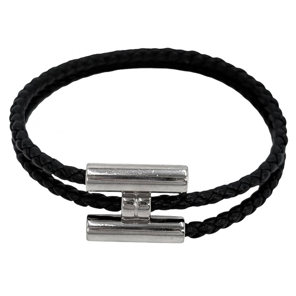 HERMES エルメス ブレスレット レザーブレスレット トゥルニ トレッセ コードブレスレット アクセサリー レザー    ブラック 黒 シルバー金具 レディース 約11.1g【中古品】