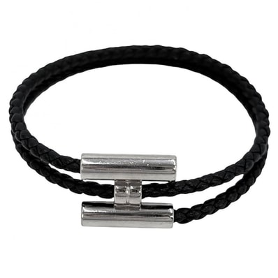 HERMES エルメス ブレスレット レザーブレスレット トゥルニ トレッセ コードブレスレット アクセサリー レザー ブラック 黒 シルバー金具 レディース 約11.1g【中古品】