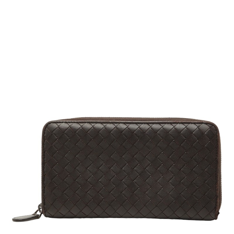 ボッテガヴェネタ イントレチャート ラウンドファスナー 長財布 ブラウン レザー レディース BOTTEGAVENETA 中古