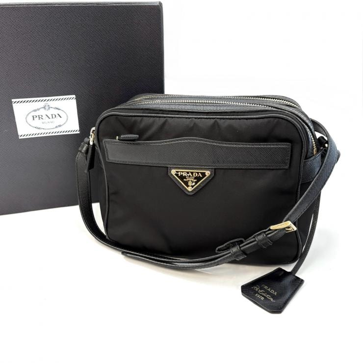 プラダ PRADA ショルダー 1BH218 ブラック サフィアノ リナイロン ゴールド金具【鑑定済み】正規品