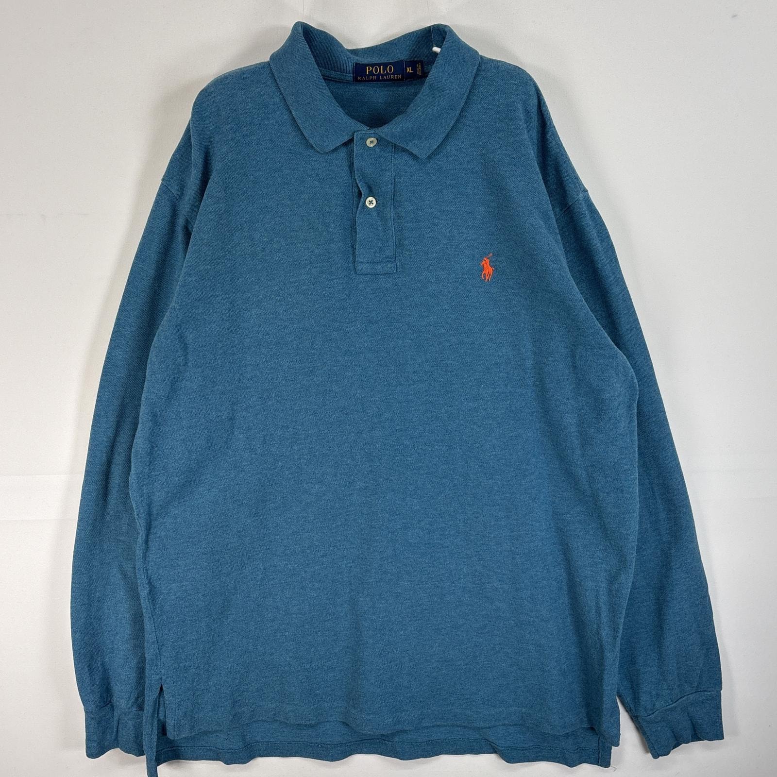 古着 ポロ・ラルフローレン POLO RALPH LAUREN 鹿の子 長袖 ポロシャツ ロゴ 刺繍 2ボタン 大きいサイズ XL  ブルー 無地 メンズ