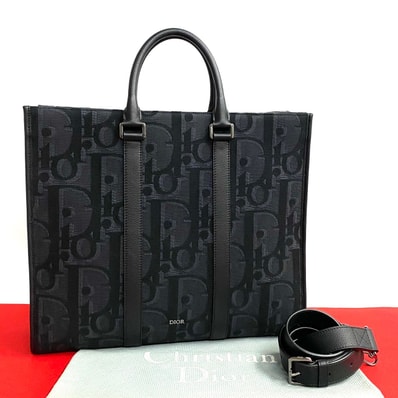 Christian Dior ディオール イーストウエスト トロッター 柄 レザー キャンバス トートバッグ ブラック
61695