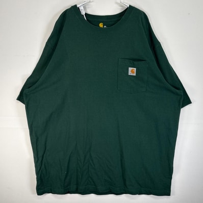 古着 カーハート Carhartt 半袖Tシャツ 肉厚 大きいサイズ ワンポイント ロゴ 胸ポケ 2XL グリーン系 無地 メンズ