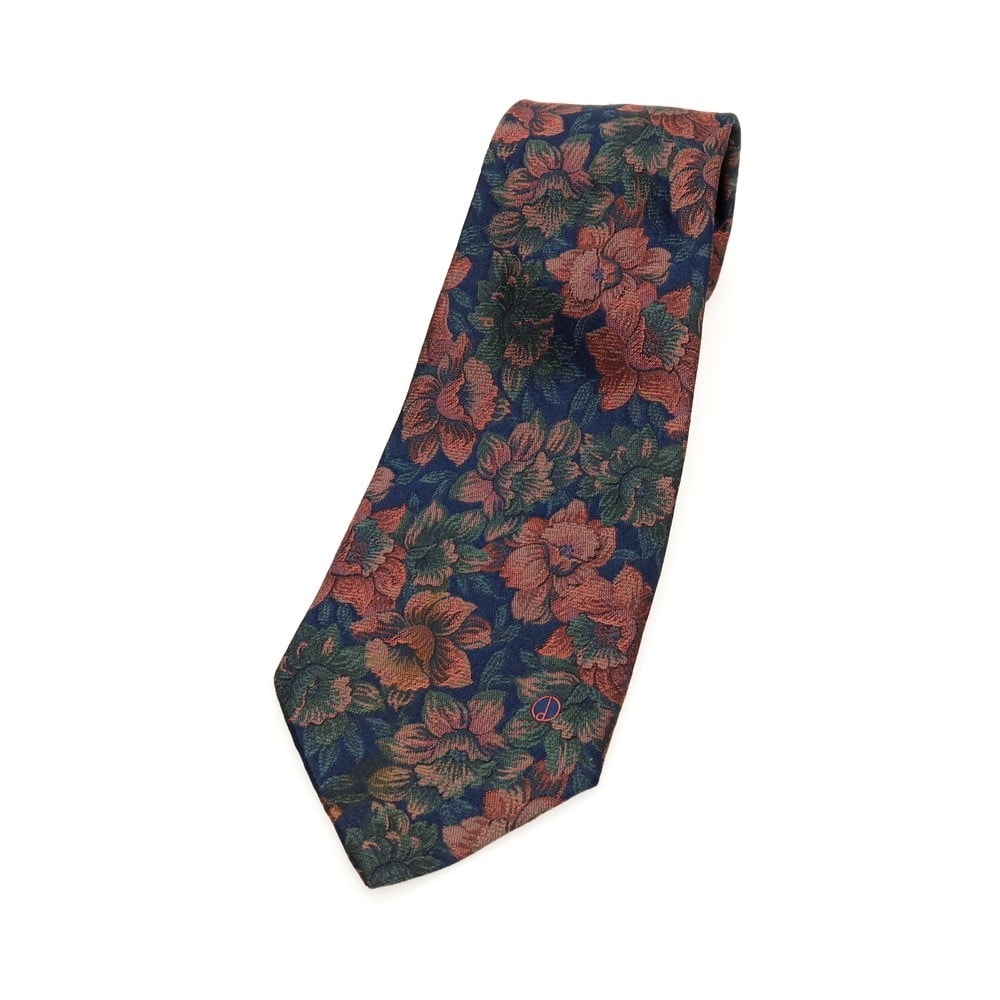 【中古】ダンヒル Dunhill シルク ジャカード 花柄ネクタイ ネイビーxピンク系【メンズ】