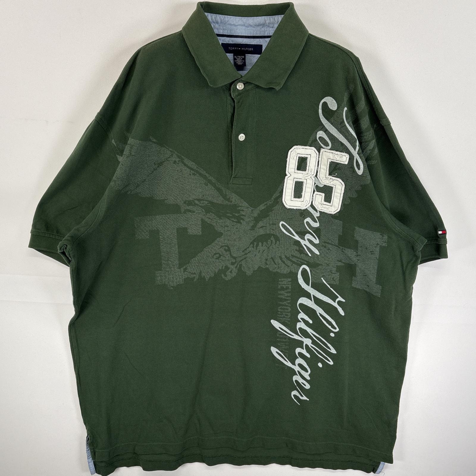 古着 トミーヒルフィガー TOMMY HILFIGER 半袖 ポロシャツ 染み込みプリント ロゴ 刺繍 大きいサイズ XL  グリーン系 メンズ