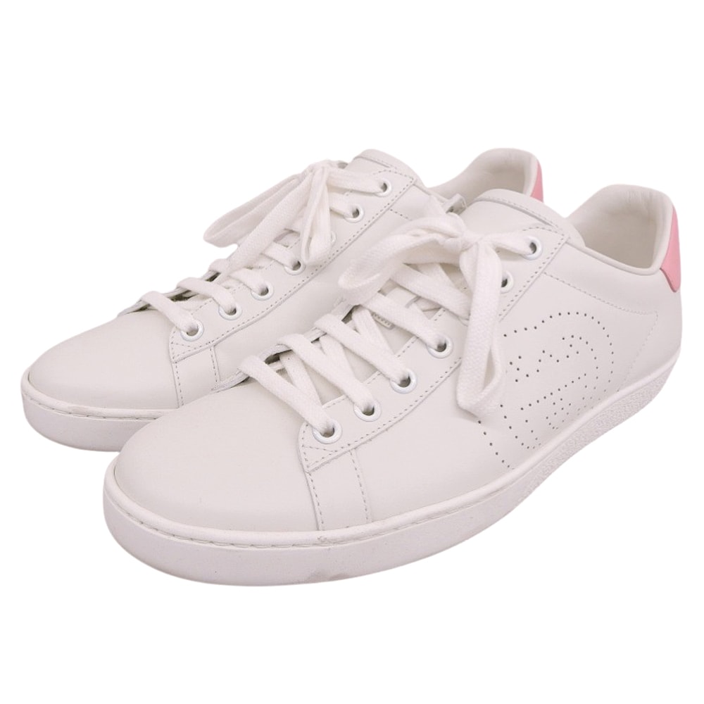 グッチ 美品 インターロッキングG レザー スニーカー シューズ レディース ホワイト×ピンク 38 1/2 598527 38.5