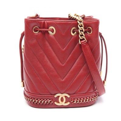シャネル CHANEL シェブロン Vステッチ ドローストリング バケットバッグ ショルダーバッグ バッグ レザー レディース レッド系 【中古】