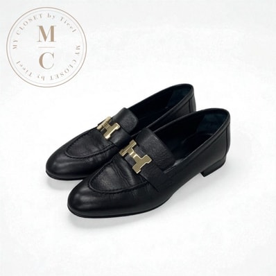 エルメス HERMES パリ ローファー 革靴 靴 シューズ レザー ブラック 黒 ゴールド H金具 モカシン