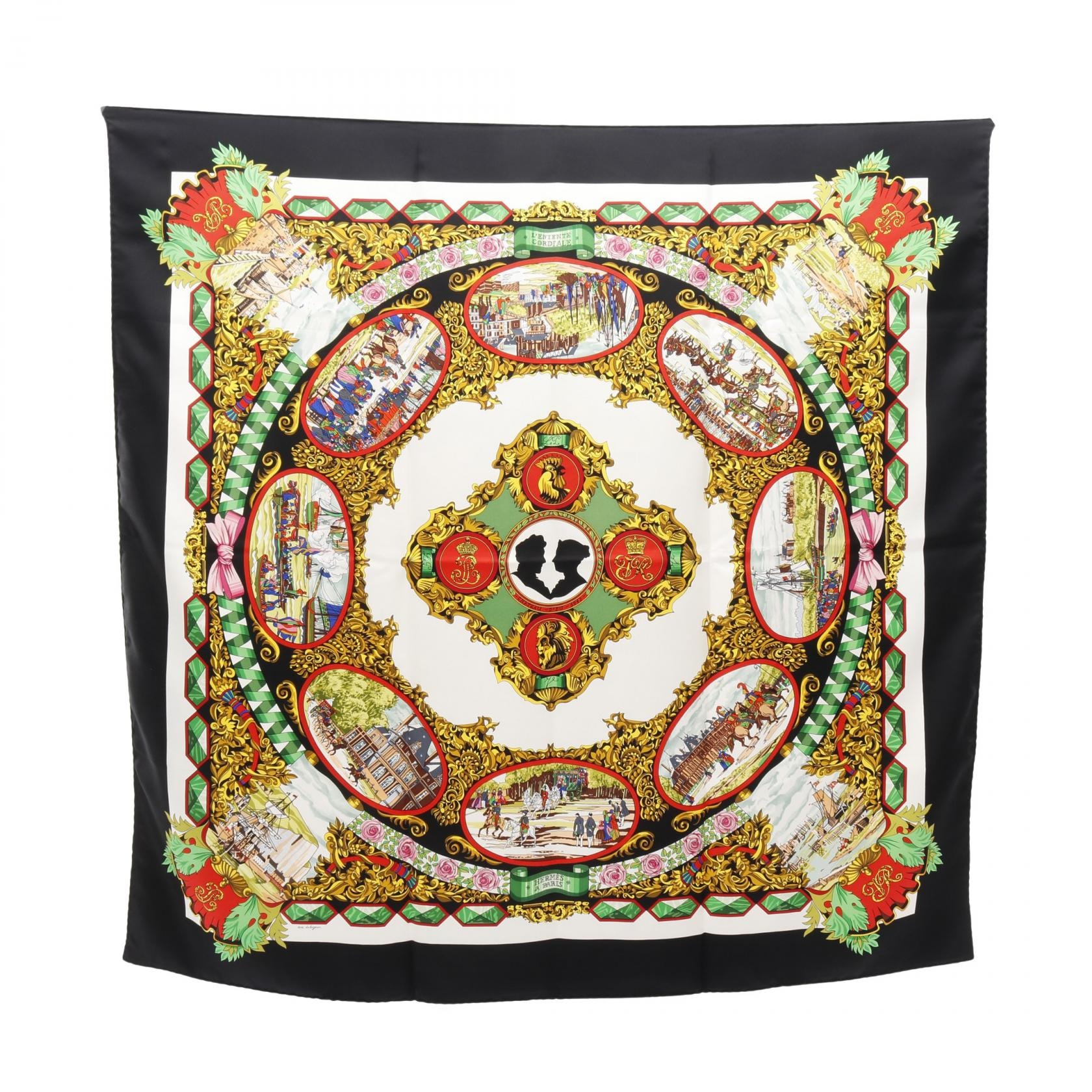 エルメス HERMES カレ90 L'ENTENTE CORDIALE スカーフ 衣料品 シルク シルク ホワイト レディース ブラック系 / ホワイト系 / マルチカラー 【中古】