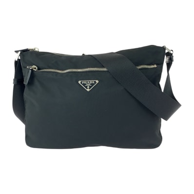 美品 PRADA プラダ テスート 三角ロゴプレート ブラック 黒 シルバー金具 ナイロン レザー/ ショルダーバッグ ポシェット 505453 【中古】