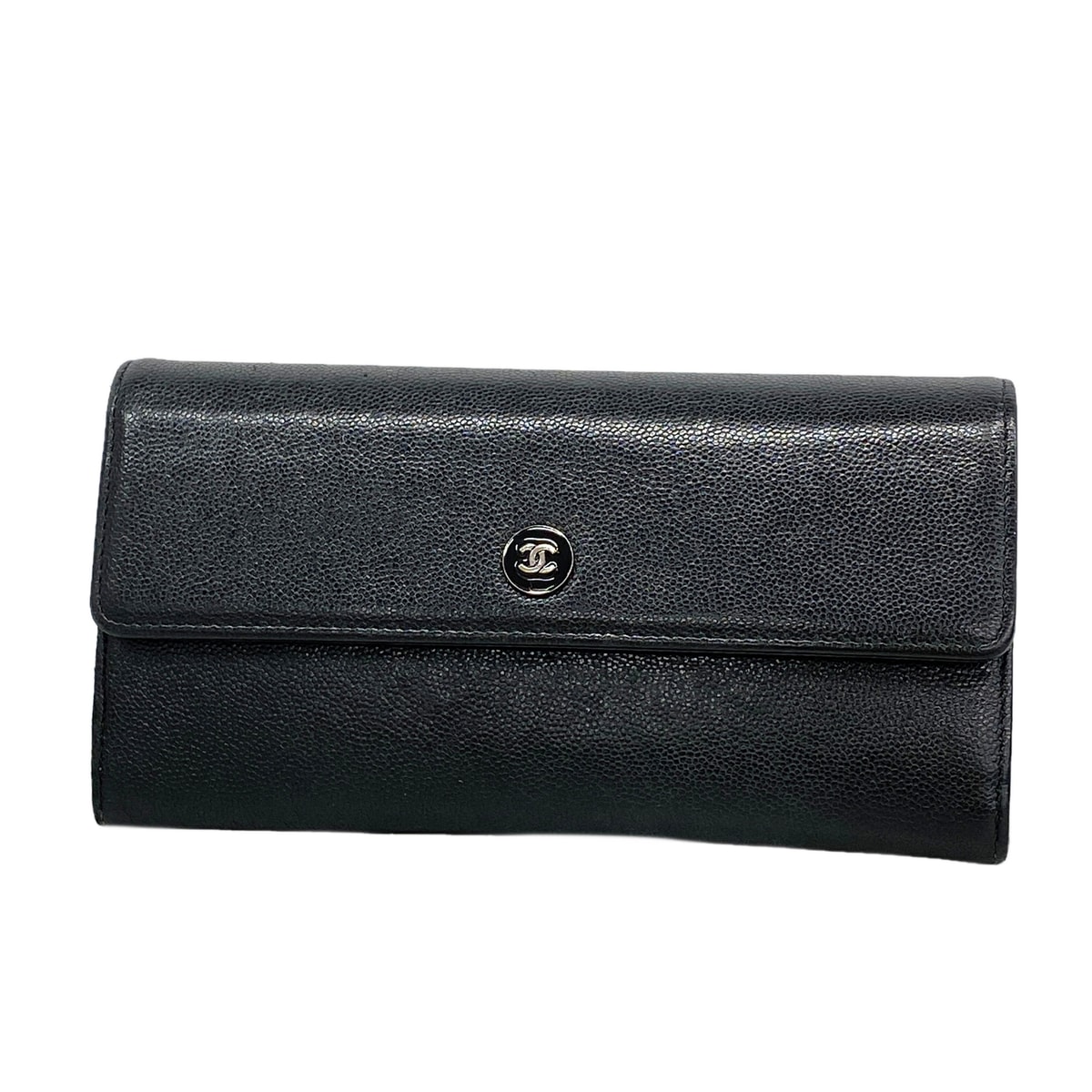 ★SALE【6id6277】シャネル 長財布 ココボタン キャビアスキン ブラック シルバー金具【中古】レディース