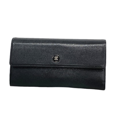 ★SALE【6id6277】シャネル 長財布 ココボタン キャビアスキン ブラック シルバー金具【中古】レディース