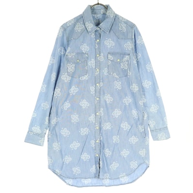 美品 GAP ギャップ 総柄 長袖 シャツワンピース M ライトブルー スナップボタン