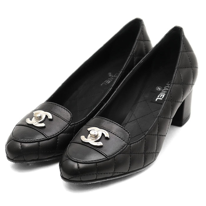 【美品】CHANEL シャネル パンプス マトラッセ サイズ 37C レディース 11P G27738 COCOマーク ロゴ ブロックヒール シューズ 靴 箱、保存袋、取扱説明書付属 ブラック 黒 イタリア製