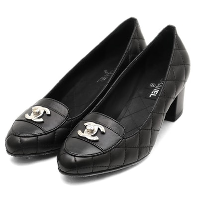 【美品】CHANEL シャネル パンプス マトラッセ サイズ 37C レディース 11P G27738 COCOマーク ロゴ ブロックヒール シューズ 靴 箱、保存袋、取扱説明書付属 ブラック 黒 イタリア製