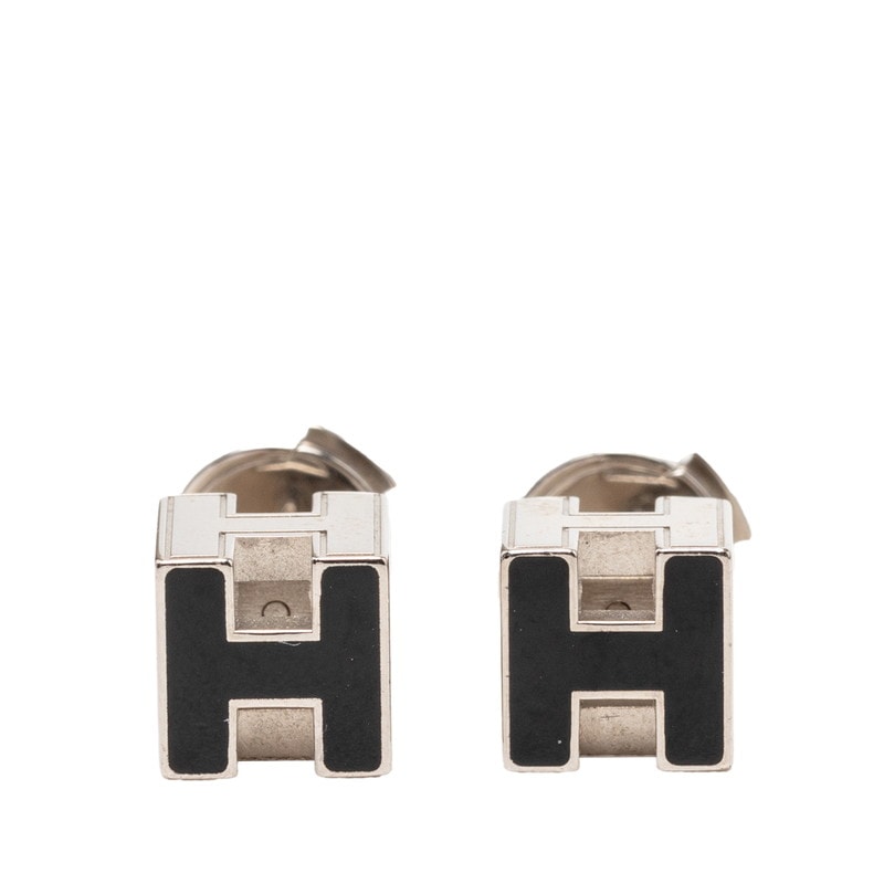 エルメス カージュドアッシュ Hキューブ スタッドピアス ブラック シルバー メタル レディース HERMES 【中古】