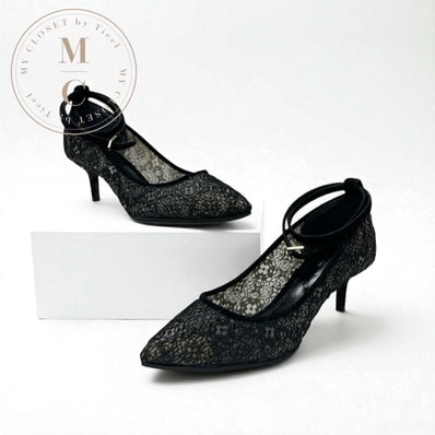 ルイヴィトン LOUIS VUITTON パンプス 靴 シューズ レース スエード ブラック 黒 モノグラム ロゴ アンクルストラップ