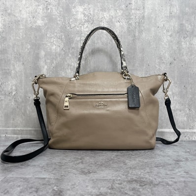 【COACH】コーチ 2WAY ハンドバッグ ショルダーバッグ レザー ベージュ ブラック パイソン調ハンドル シルバー金具 レディース用斜め掛け鞄