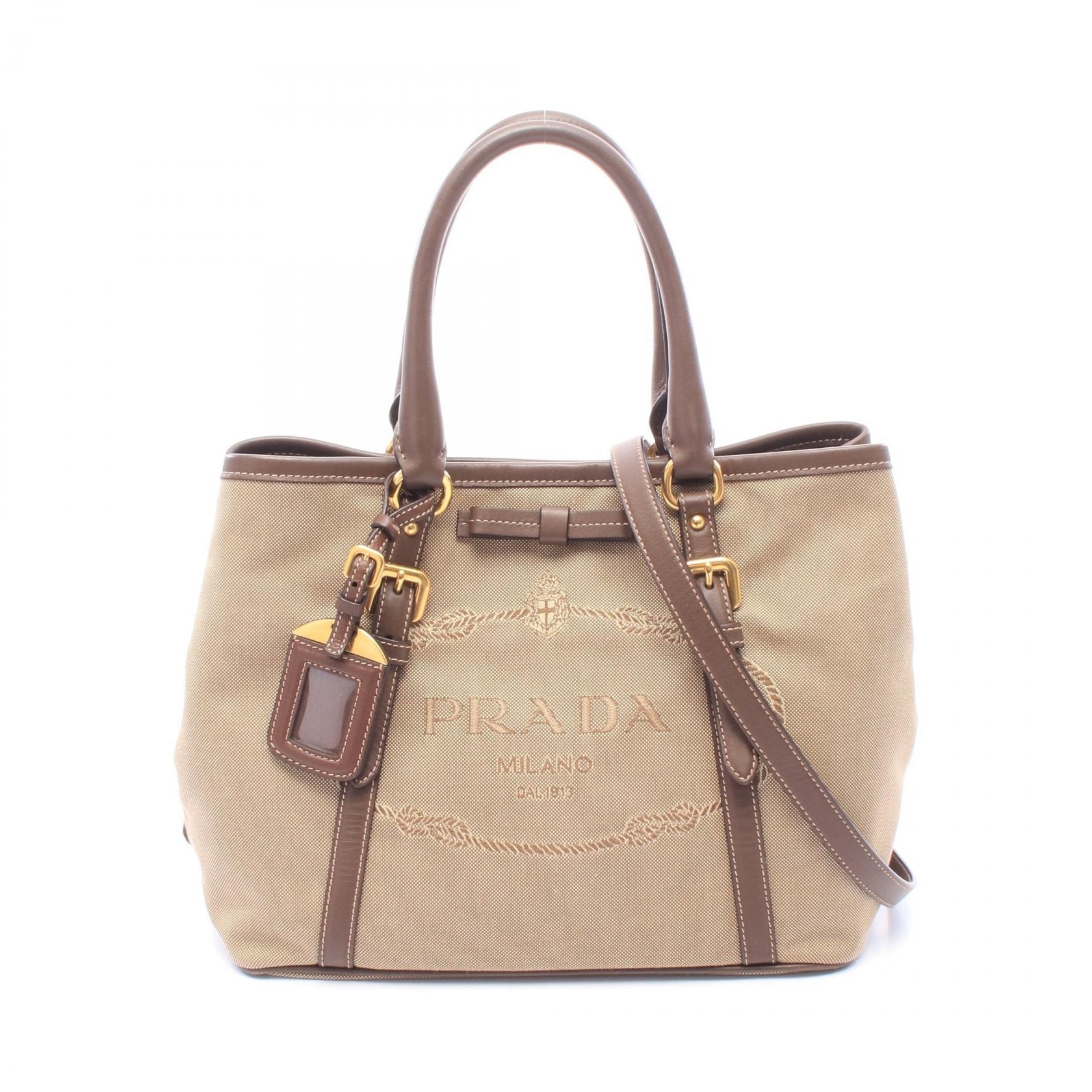 プラダ PRADA LOGO JACQUARD ロゴジャガード 2WAY ハンドバッグ バッグ キャンバス レザー レディース カーキ系 / ブラウン系 【中古】