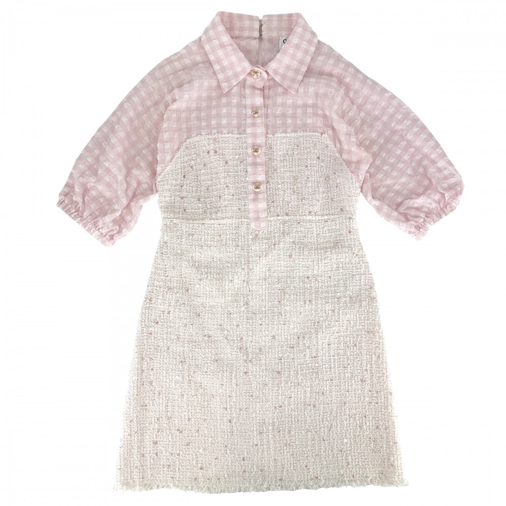 CHANEL シャネル ワンピース ツイード チェック アパレル ココボタン スパンコール 服 38 ピンク ホワイト 白 レディース 春 夏 秋【中古品】