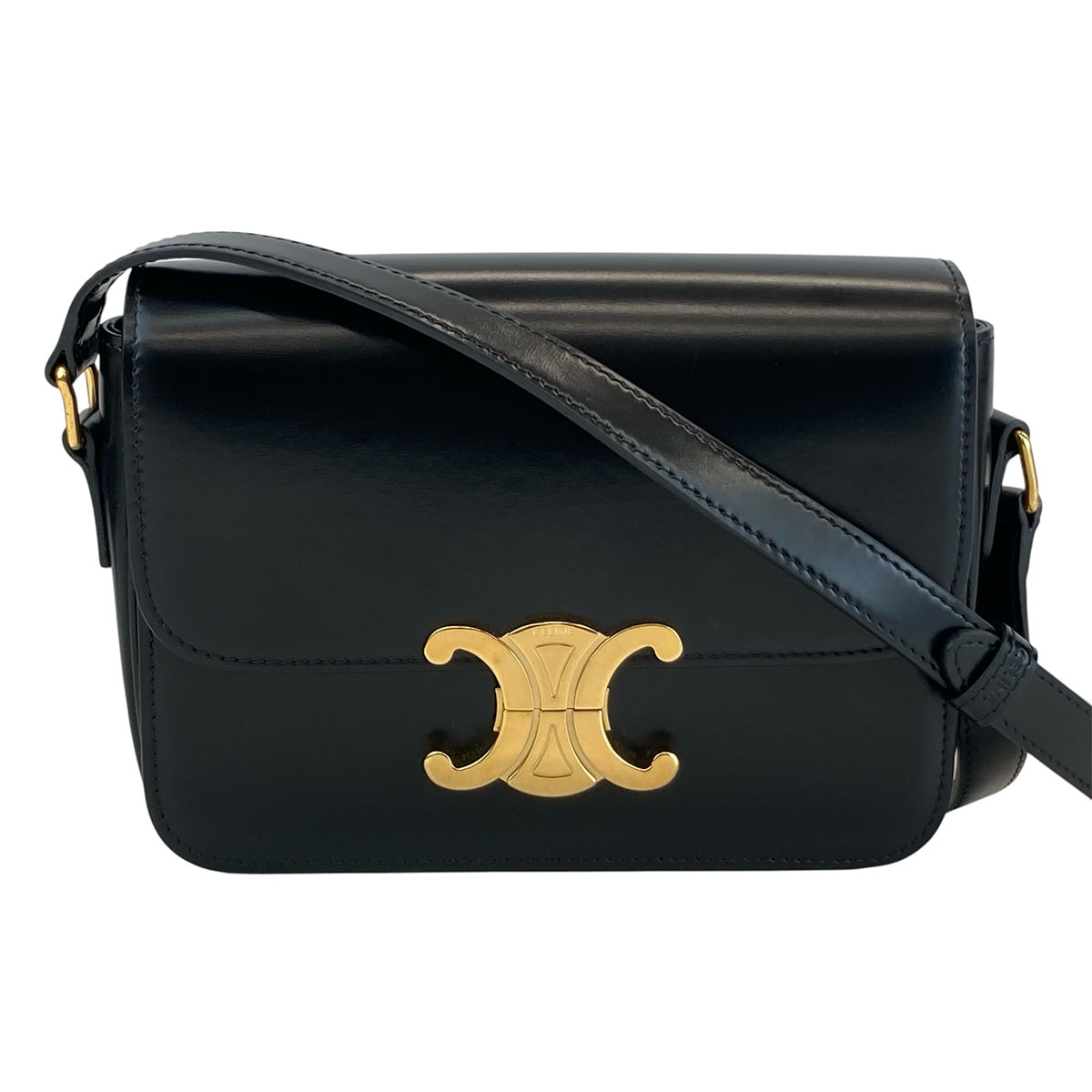 CELINE セリーヌ トリオンフ ティーン シャイニーカーフスキン ショルダーバッグ 188423BF4.38NO カーフ ブラック ゴールド レディース【中古】