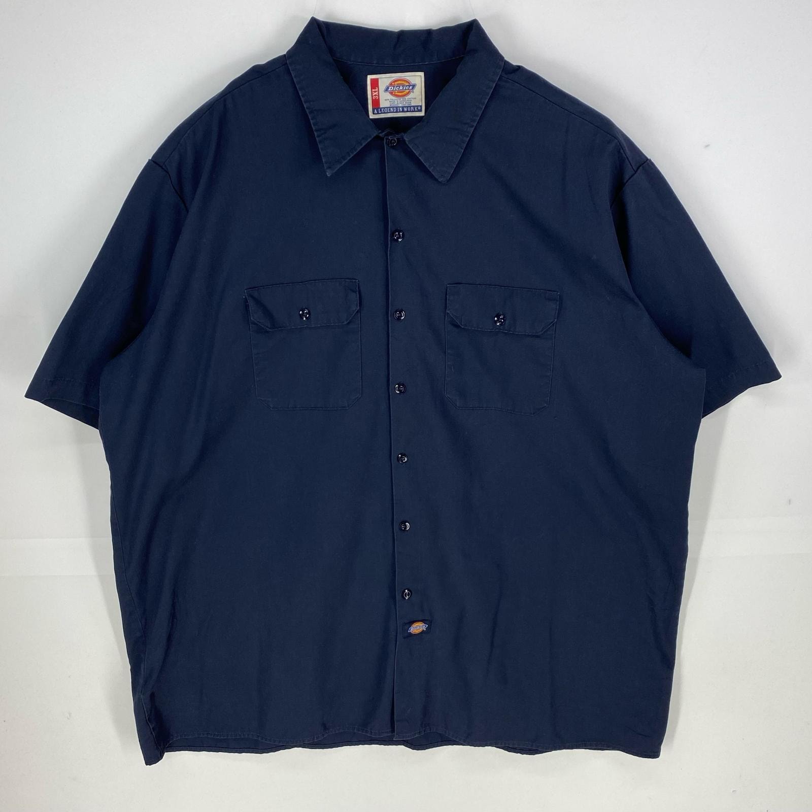 古着 ディッキーズ Dickies 半袖シャツ ワーク 作業着 大きいサイズ 胸ポケット 3XL ネイビー系 無地 メンズ