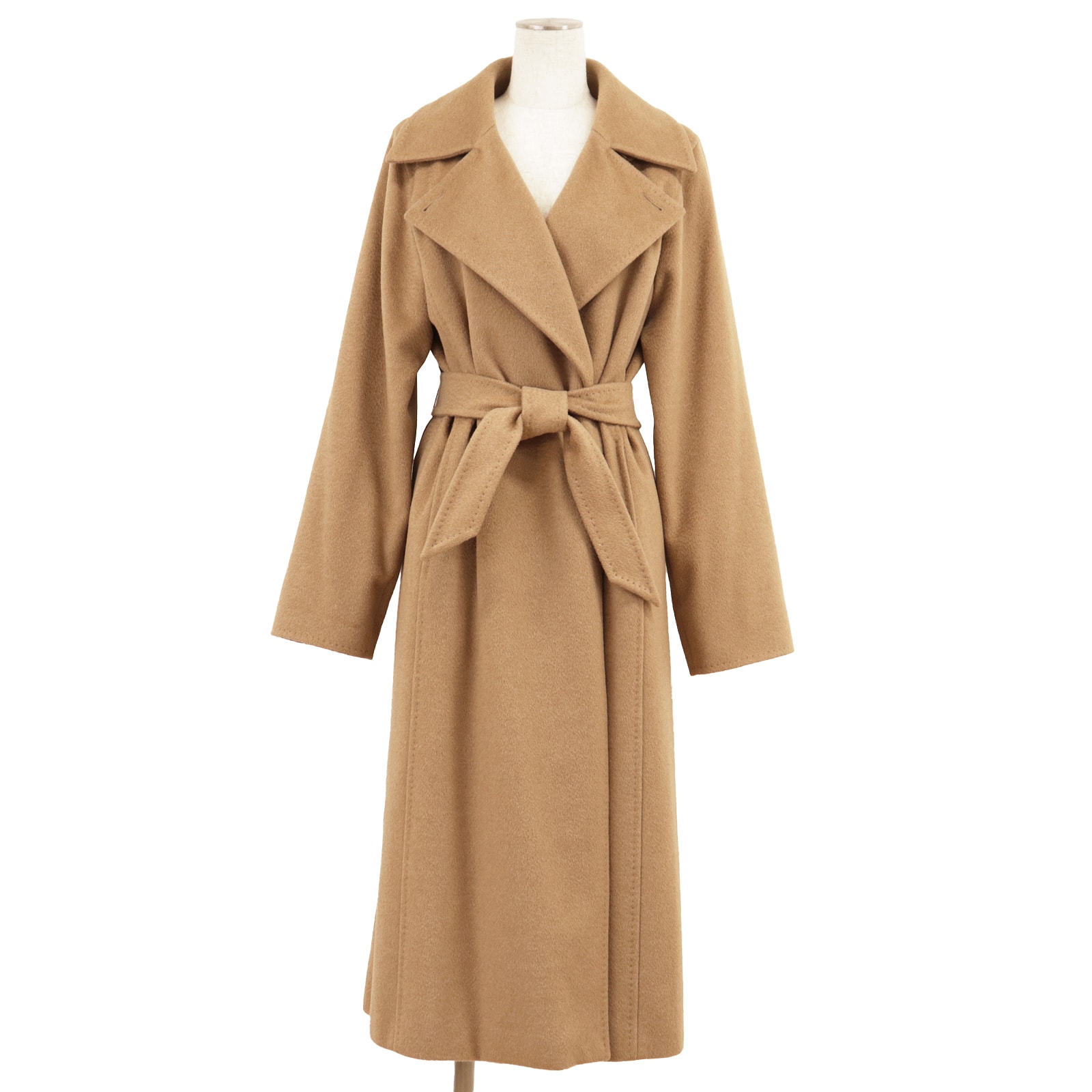 【美品】MaxMara マックスマーラ ロング コート サイズ 42 レディース ベルテッド キャメル100%メルトン ウエストマーク アウター ベルト付属 キャメル イタリア製