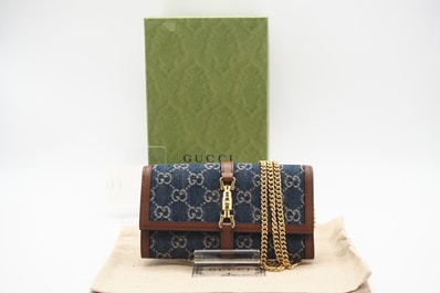 極美品 GUCCI グッチ ジャッキー1961 チェーン付き ウォレット デニム 652681 2wayショルダーバッグ ブルー ブラウン デニム レディース