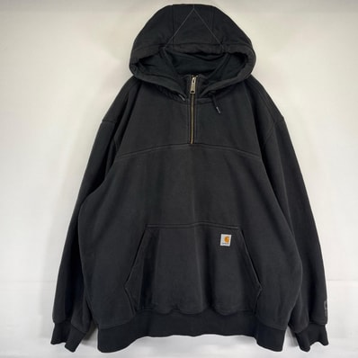 古着 カーハート Carhartt パーカー スウェット プルオーバー ハーフジップ ワンポイントロゴ 大きいサイズ 2XL ブラック系 メンズ