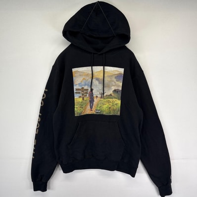 古着 チャンピオン Champion パーカー スウェット プルオーバー ラッパー プリントデザイン Cordae S ブラック メンズ