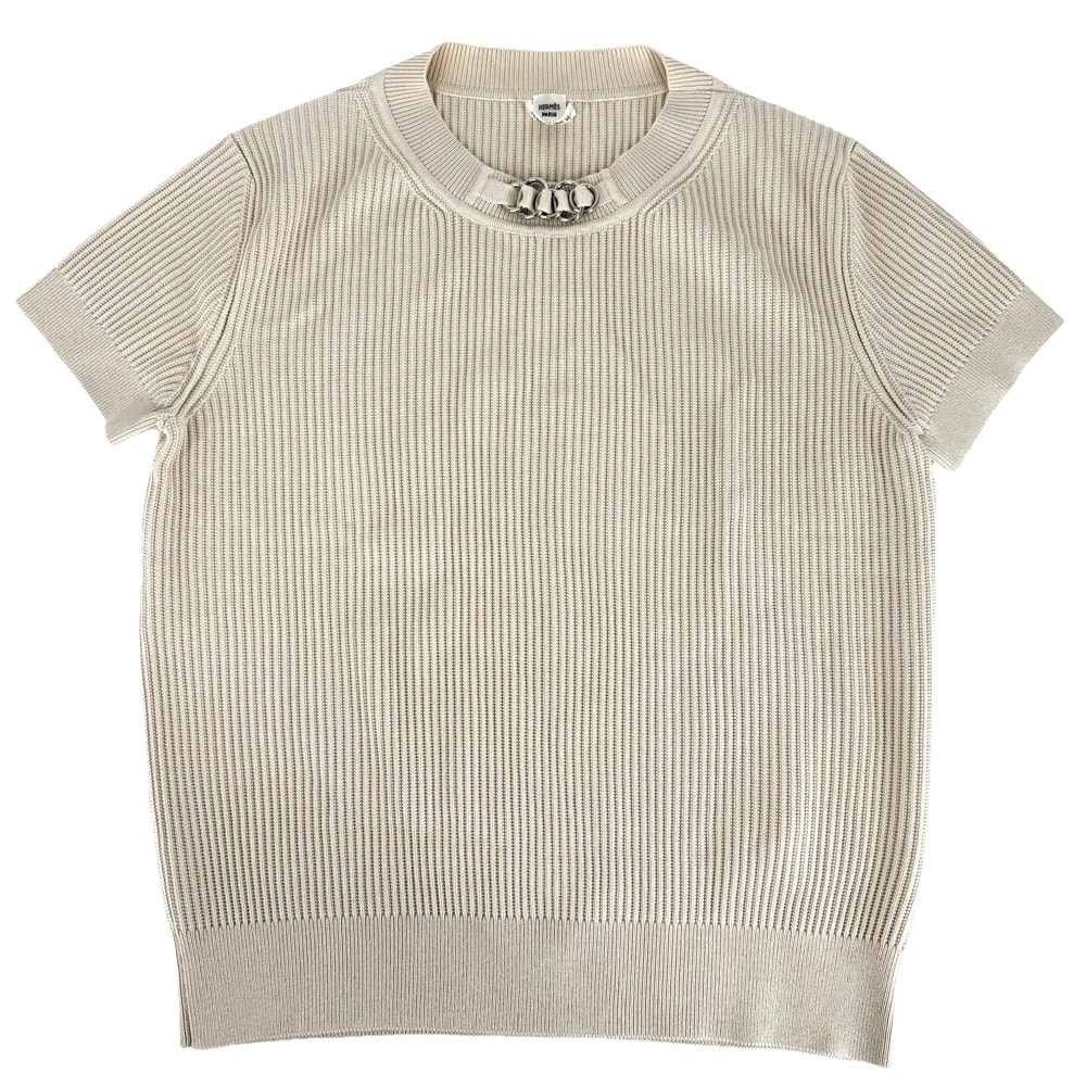 HERMES エルメス ニット 半袖 チェーン アパレル トップス 服 42 ベージュ シルバー金具 レーヨン  シルク  ポリアミド  ポリウレタン レディース 春 夏 秋 美品【中古品】