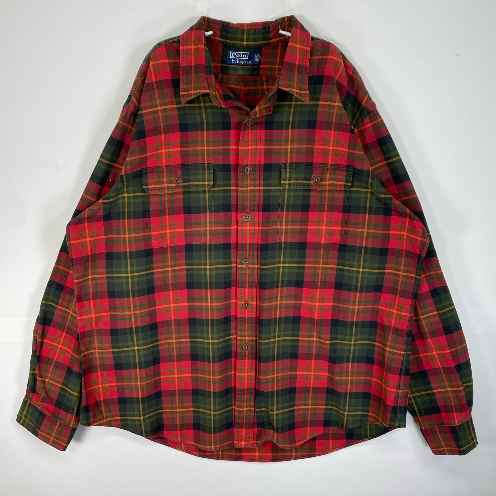 古着 90's/90年代 ポロバイラルフローレン Polo by Ralph Lauren 長袖シャツ フラップポケ エルボーパッチ 大きいサイズ 肉厚 14041  レッド系 マルチカラー メンズ