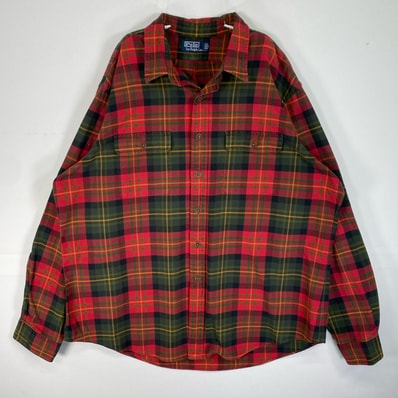 古着 90's/90年代 ポロバイラルフローレン Polo by Ralph Lauren 長袖シャツ フラップポケ エルボーパッチ 大きいサイズ 肉厚 14041 レッド系 マルチカラー メンズ