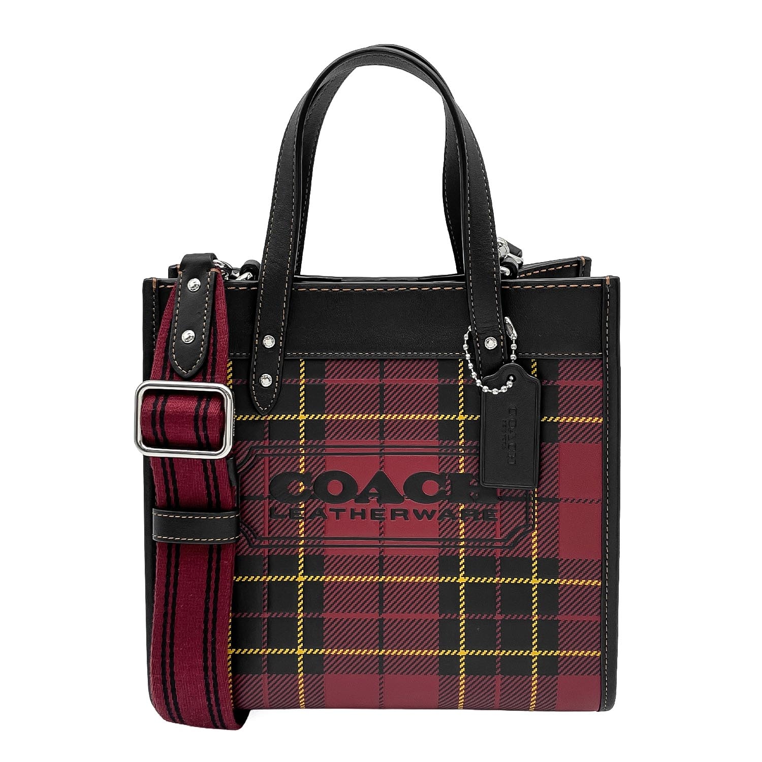 COACH コーチ フィールドトート 22 ショルダーバッグ
 プラッド プリント チェック柄 CG192 レザー メタル レッド レディース
 【中古】