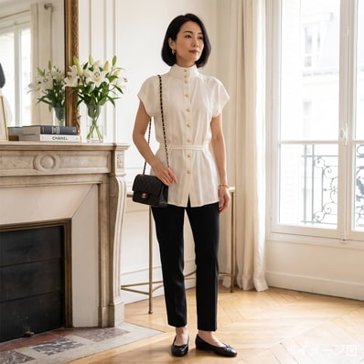 【渋谷並木橋店】2018年秋冬 CHANEL シャネル ブラウス レディース 半袖 ベルト付き ココマーク パールボタン 白 (ホワイト) シルク #38 P59624V45196 新品同様【中古】