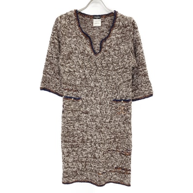 シャネル P40650K02999 ブラウン レーヨン×ナイロン ココマーク金釦 ツイードライクニットワンピース 44