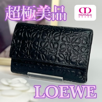 超極美品 LOEWE リピート バーティカル コンパクト 三つ折り財布 レディース メンズ ブラック