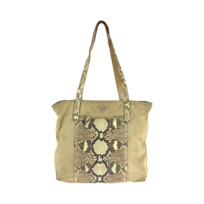 PRADA プラダ テスート パイソン 三角ロゴプレート ベージュ ゴールド金具 ナイロン トートバッグ ショルダーバッグ 506630 【中古】
