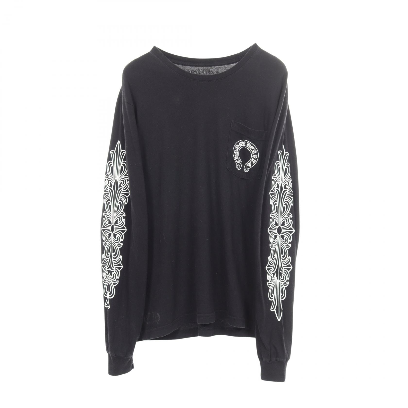 クロムハーツ CHROME HEARTS ホースシュー アームフローラルプリント ポケット付き 長袖Tシャツ 衣料品 トップス コットン メンズ ブラック系 【中古】