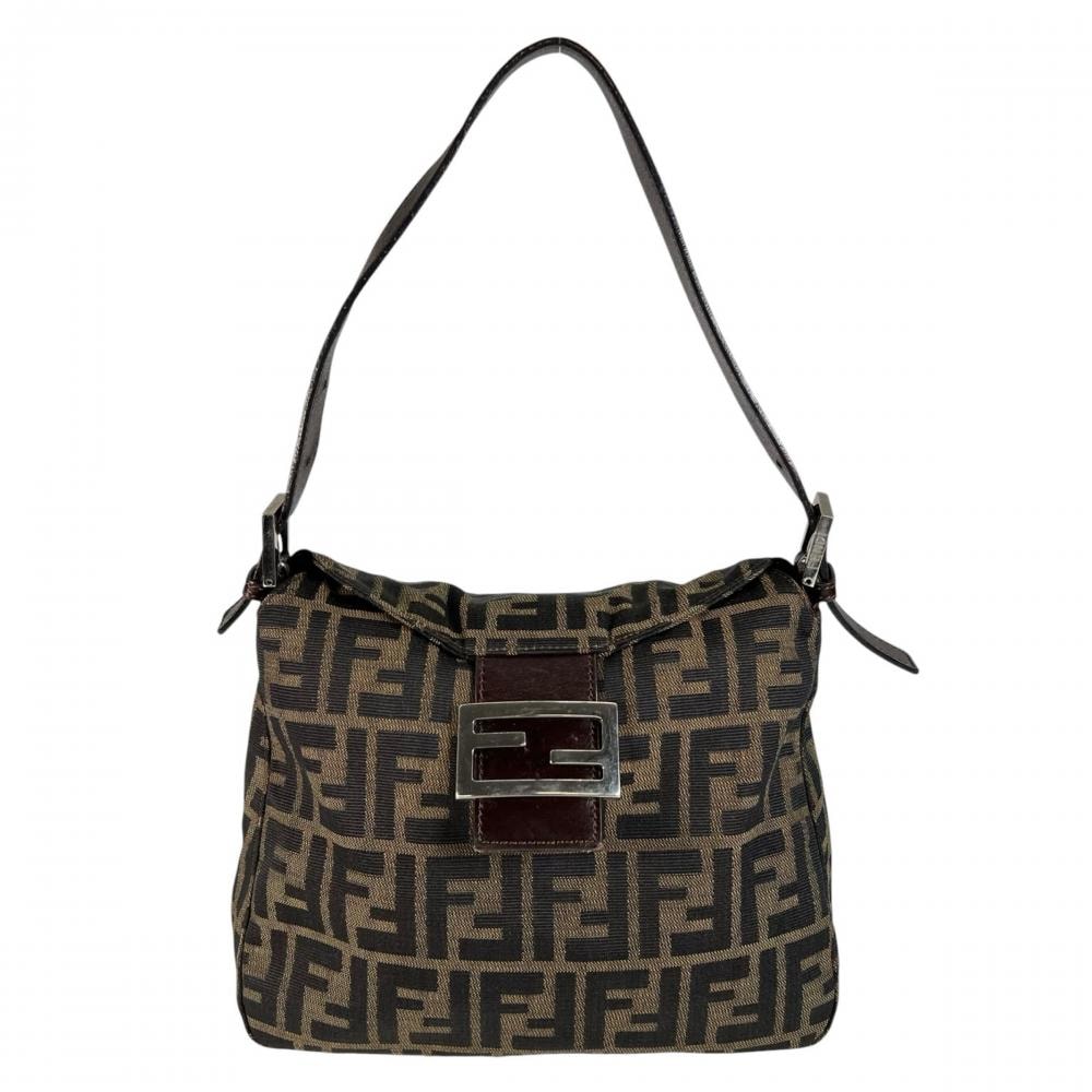 FENDI フェンディ ショルダーバッグ ズッカ ロゴ金具 肩掛け キャンバス ブラウン 茶 シルバー金具 レディース【中古品】