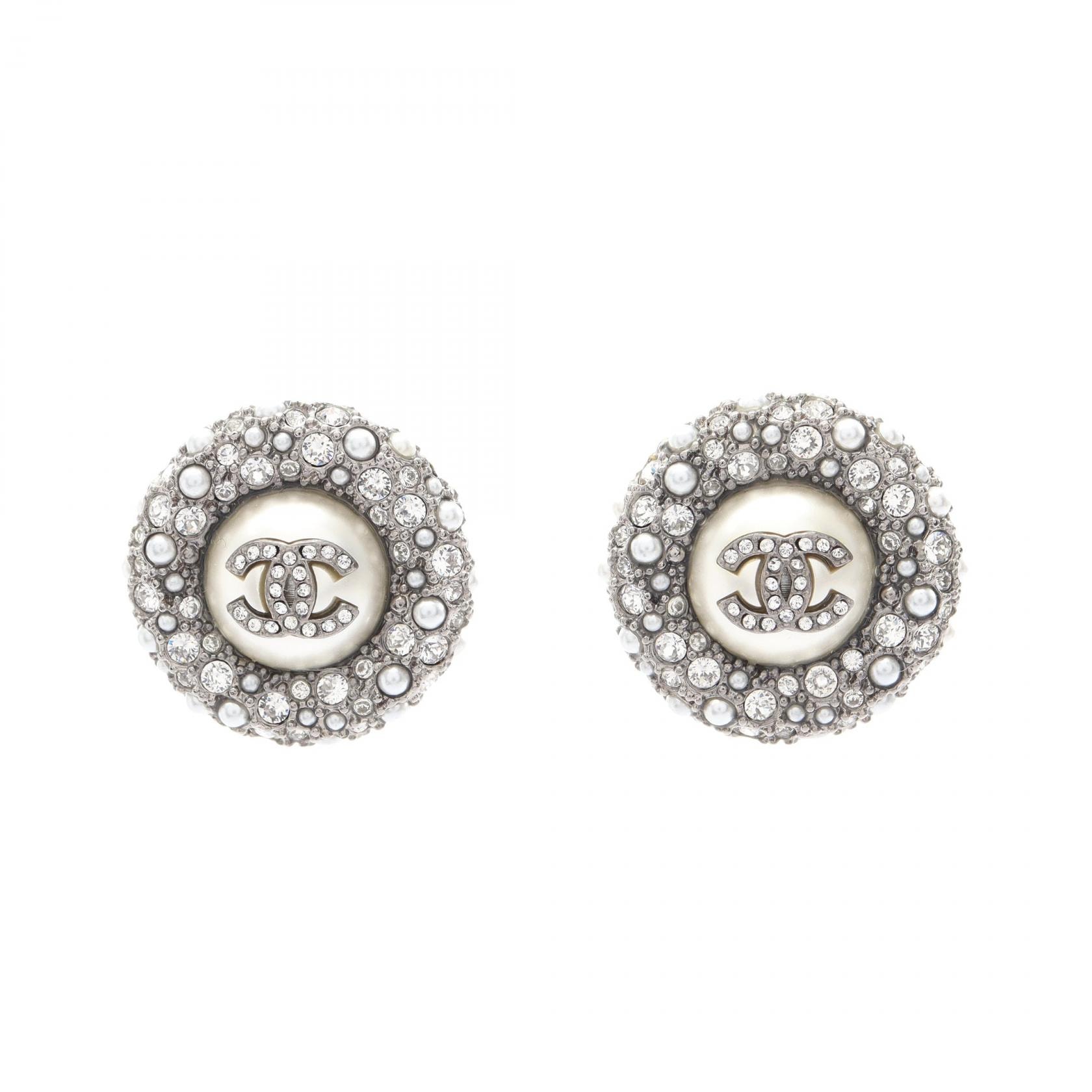 シャネル CHANEL ココマーク ラウンド ピアス ジュエリー ステンレススチール フェイクパール / ラインストーン レディース シルバー系 / ホワイト系 / クリア系 【中古】