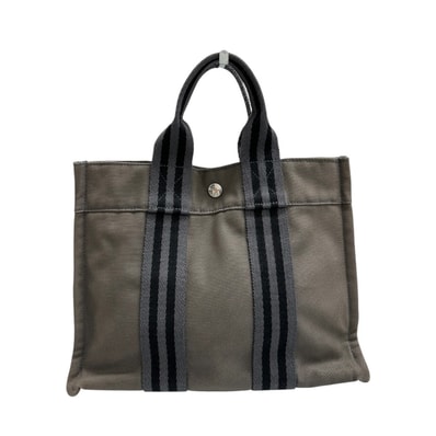 美品 HERMES エルメス フールトゥ グレー ブラック キャンバス ハンドバッグ トートバッグ S1-00147 【中古】